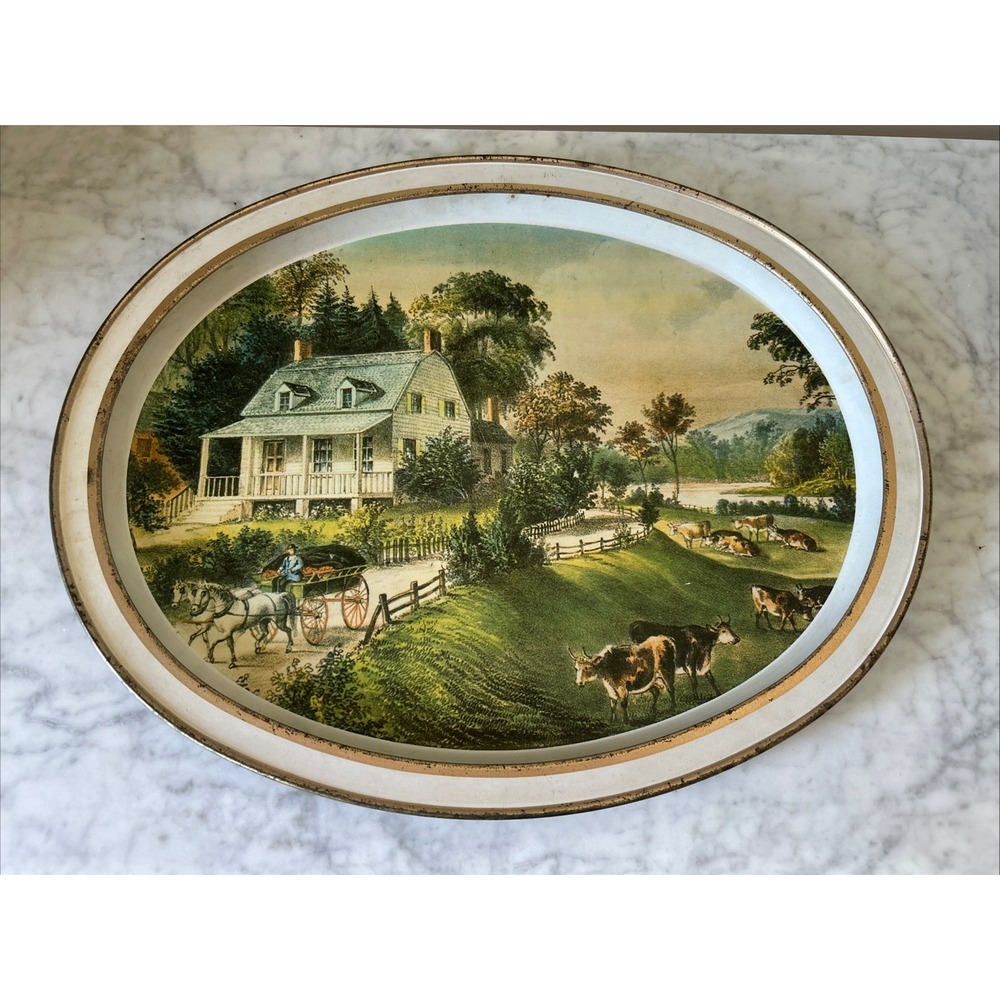 Vintage Currier and Ives Metal Serving Tray The American Homestead - Summer